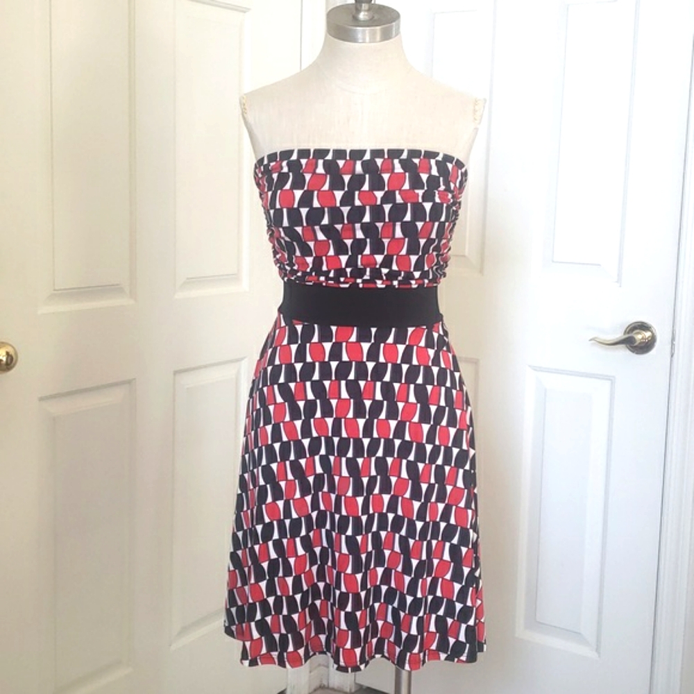 💐 Vintage 90s Forever 21 Geometric Strapless Dress Black Red Belted Slinky M - Picture 3 of 10